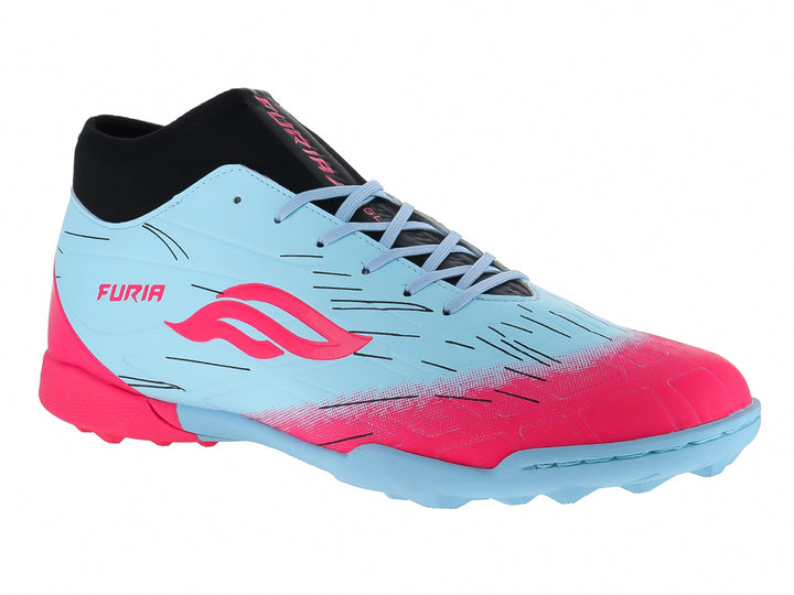 Zapato de fútbol sintético Furia en color menta con detalles en rosa y negro, diseño moderno para cancha sintética.