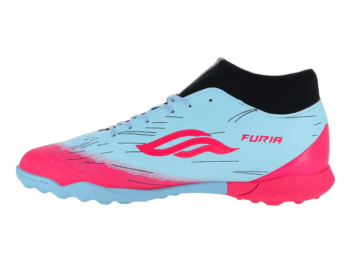 Zapato de fútbol sintético Furia en color menta con detalles en rosa y negro, diseño moderno para cancha sintética.