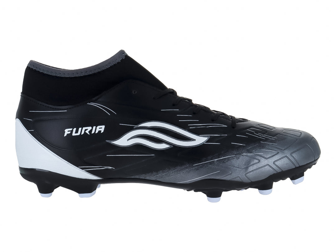 Zapato de fútbol Furia Speed en color negro con detalles blancos y suela de tacos para pasto natural.