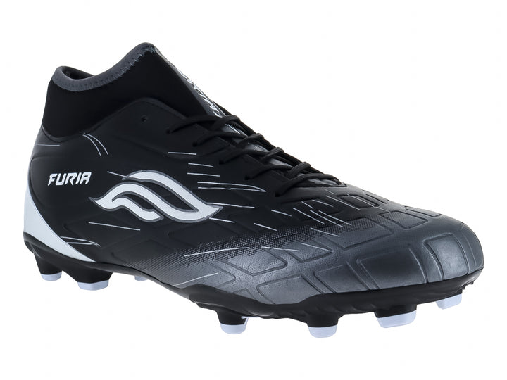 Zapato de fútbol Furia Speed en color negro con detalles blancos y suela de tacos para pasto natural.