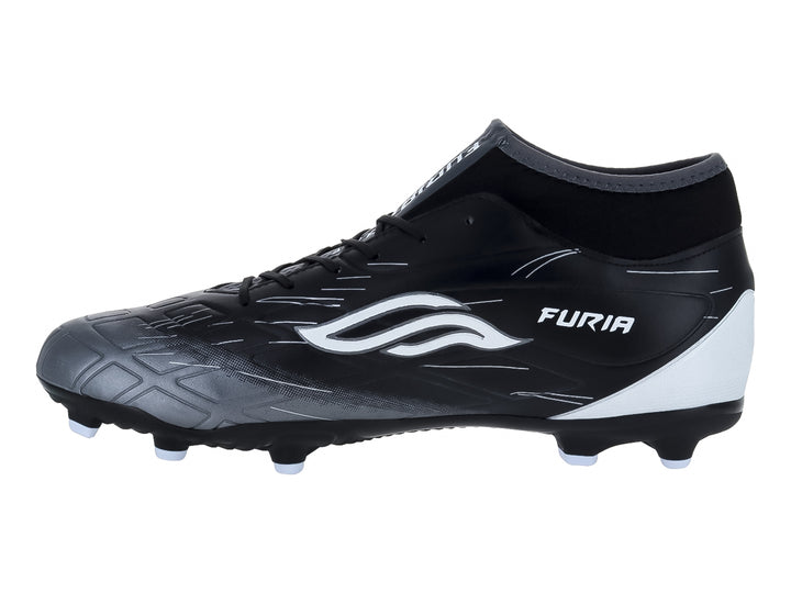 Zapato de fútbol Furia Speed en color negro con detalles blancos y suela de tacos para pasto natural.
