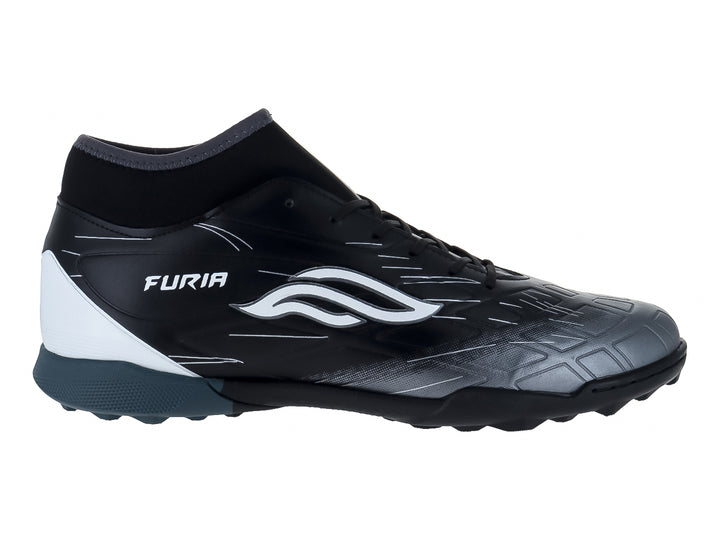 Calzado de fútbol Furia Speed TF color negro con detalles en blanco y suela para pasto sintético.