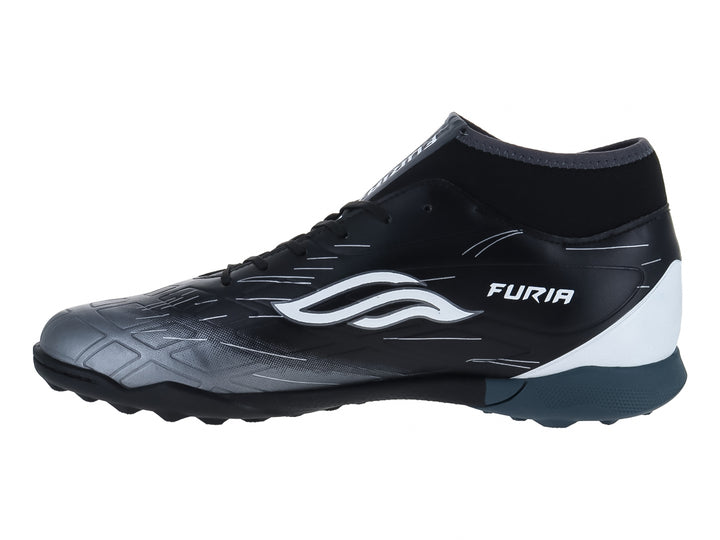 Calzado de fútbol Furia Speed TF color negro con detalles en blanco y suela para pasto sintético.