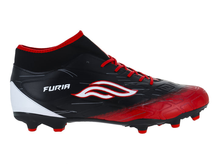 Calzado de fútbol Furia Speed con degradado de negro a rojo y detalles blancos.