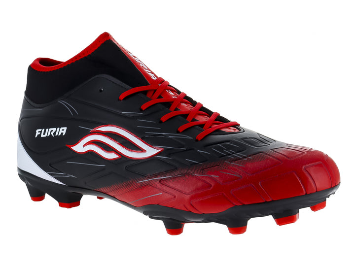 Calzado de fútbol Furia Speed con degradado de negro a rojo y detalles blancos.