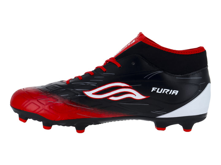 Calzado de fútbol Furia Speed con degradado de negro a rojo y detalles blancos.