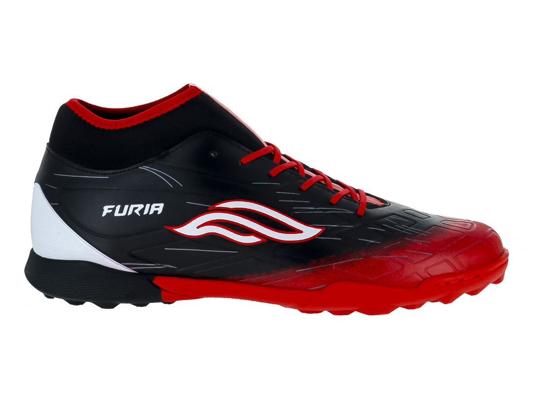 Zapato de fútbol FURIA SPEED TF en color negro con degradado a rojo y detalles en blanco.