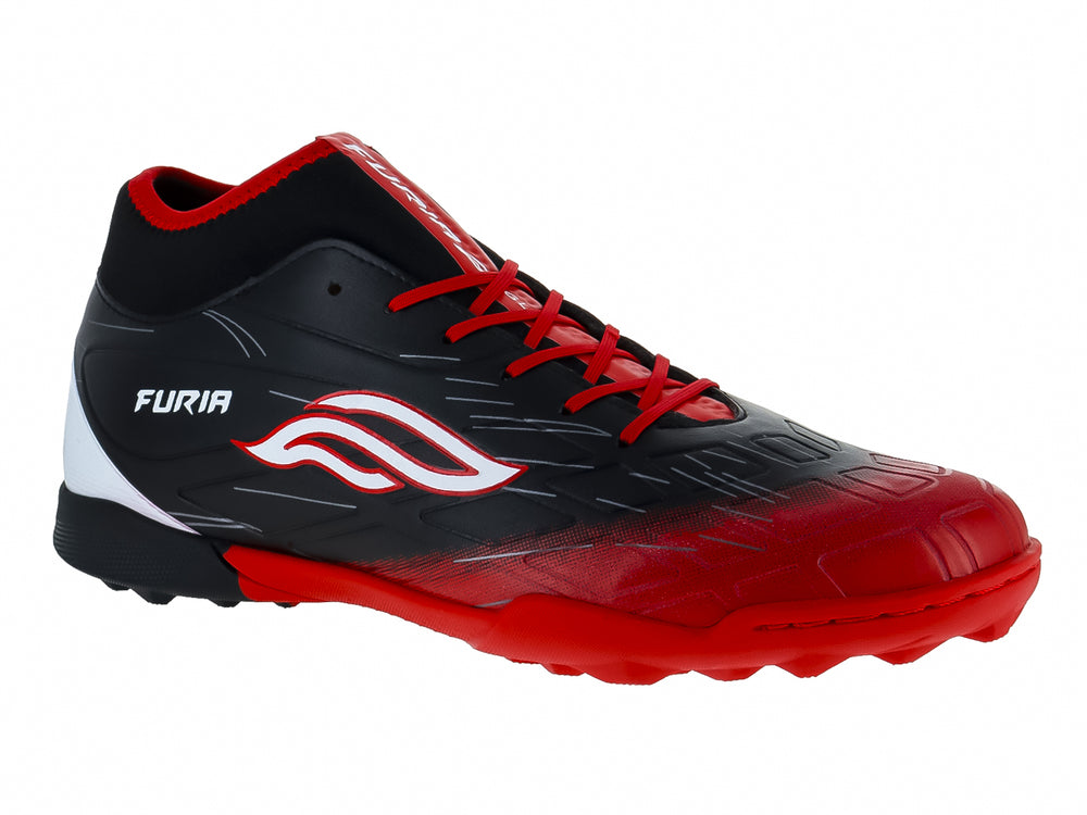 Zapato de fútbol FURIA SPEED TF en color negro con degradado a rojo y detalles en blanco.