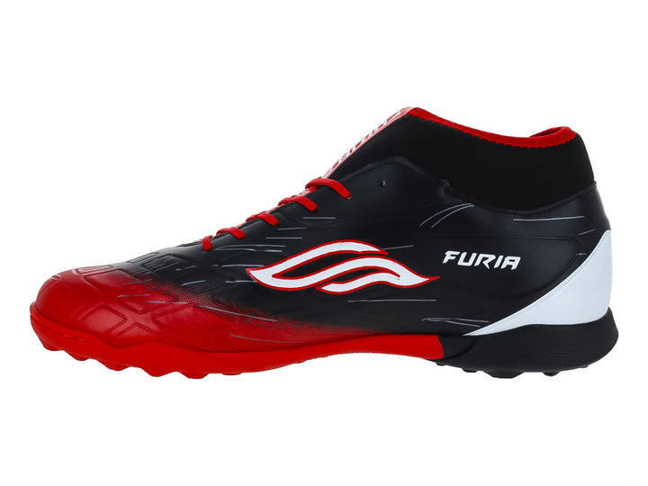 Zapato de fútbol FURIA SPEED TF en color negro con degradado a rojo y detalles en blanco.