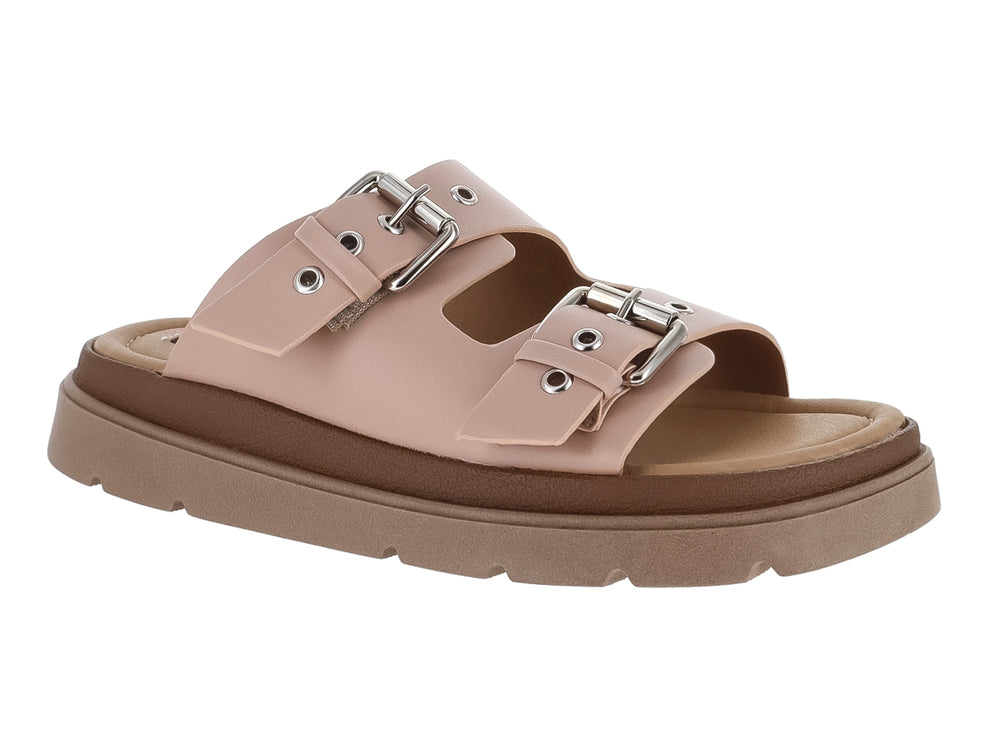 Sandalia beige de plataforma con dos correas y hebillas plateadas sobre suela gruesa color taupe.