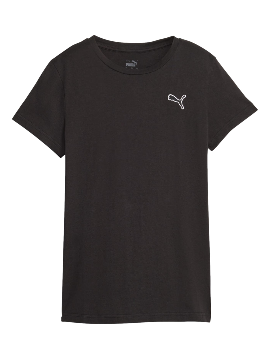 Mujer vistiendo una playera PUMA Better Essentials de color negro con logotipo blanco en el pecho.