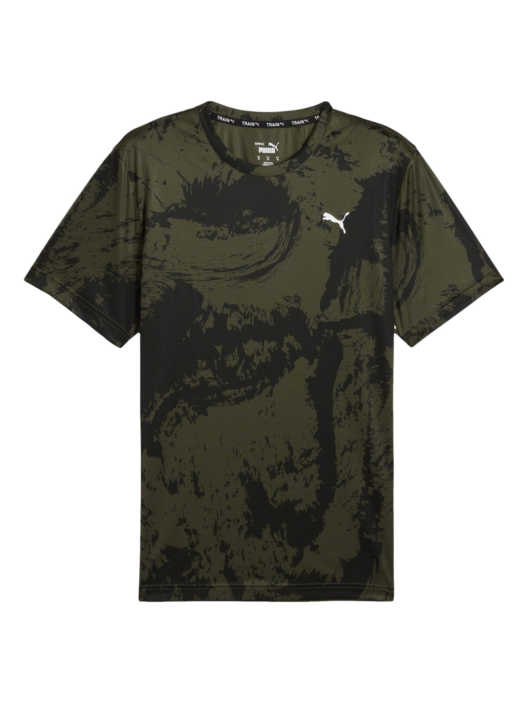 Camiseta deportiva PUMA color verde oliva con estampado abstracto y cuello redondo.