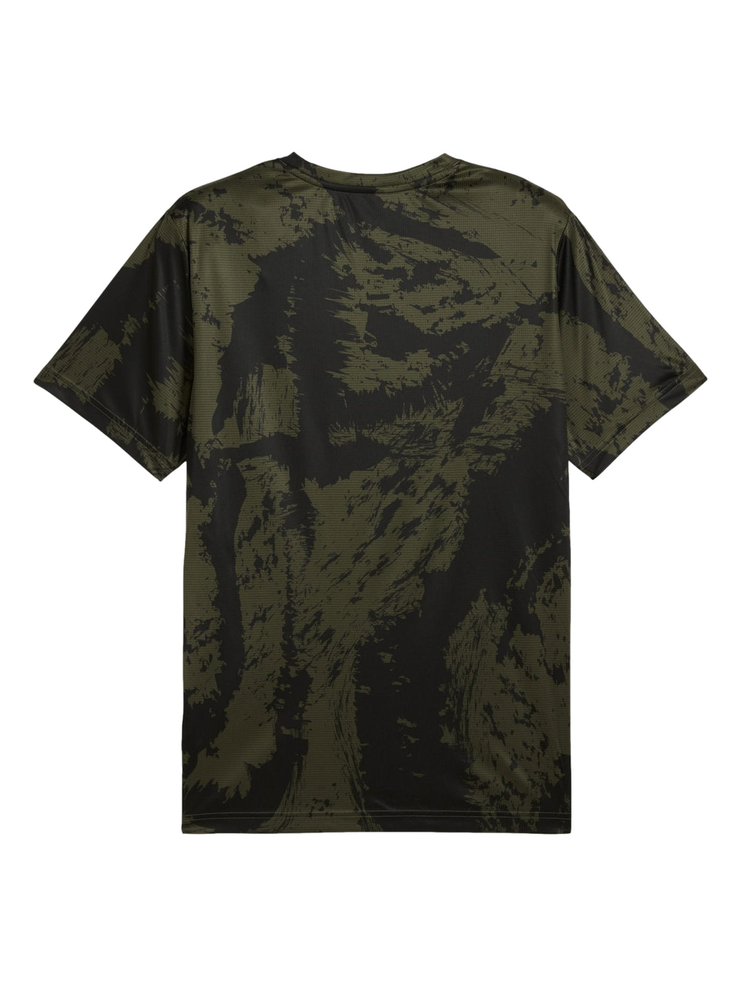 Camiseta deportiva PUMA color verde oliva con estampado abstracto y cuello redondo.