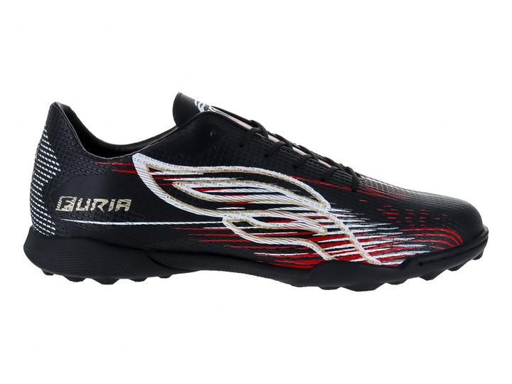 Zapato de fútbol Furia color negro con detalles gráficos en rojo y blanco y suela para pasto sintético.