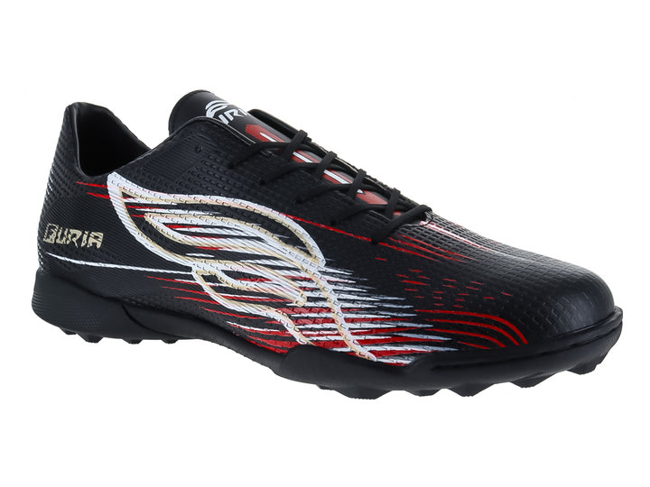 Zapato de fútbol Furia color negro con detalles gráficos en rojo y blanco y suela para pasto sintético.