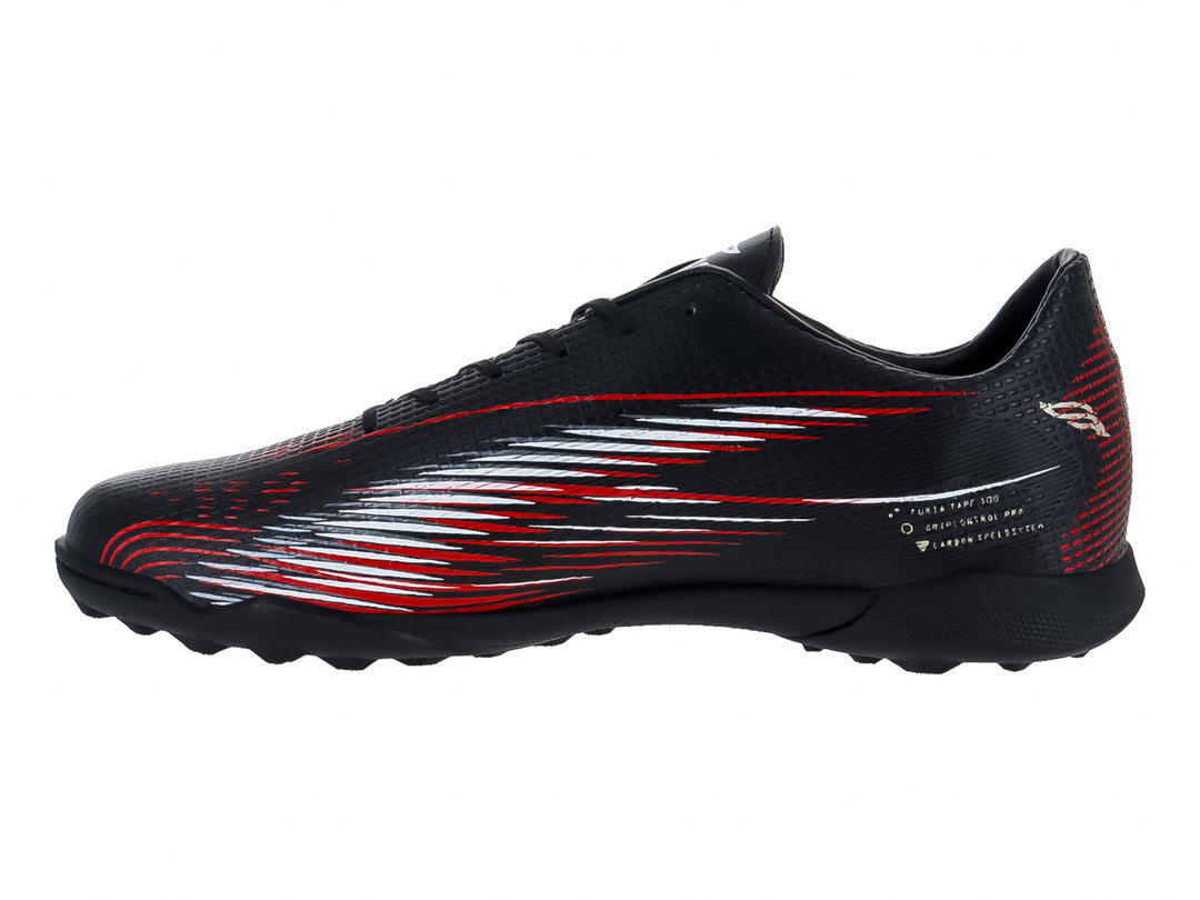 Zapato de fútbol Furia color negro con detalles gráficos en rojo y blanco y suela para pasto sintético.
