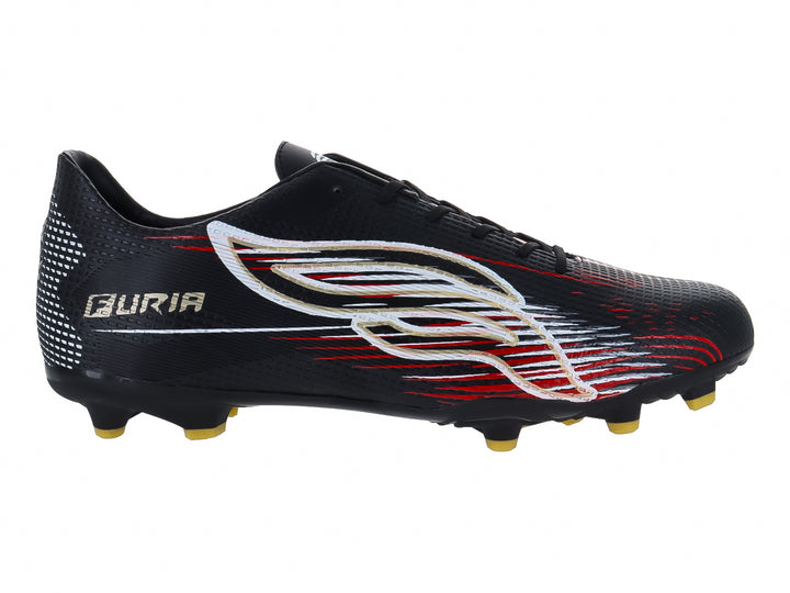 Zapato de fútbol marca Furia color negro con detalles gráficos en rojo y blanco y tacos dorados.