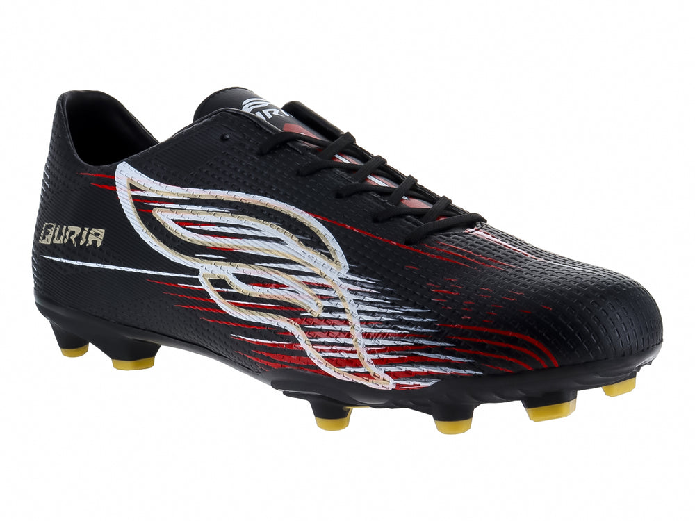Zapato de fútbol marca Furia color negro con detalles gráficos en rojo y blanco y tacos dorados.