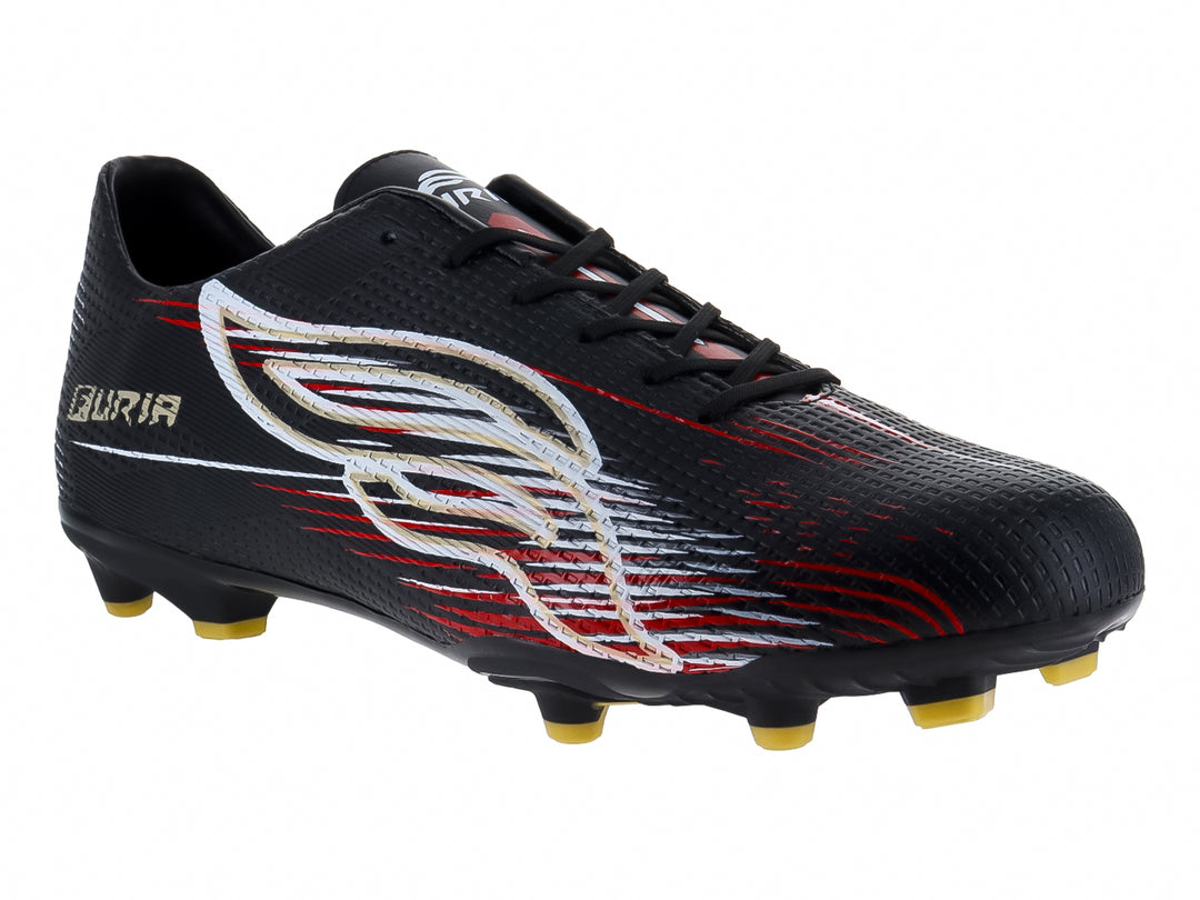 Zapato de fútbol marca Furia color negro con detalles gráficos en rojo y blanco y tacos dorados.