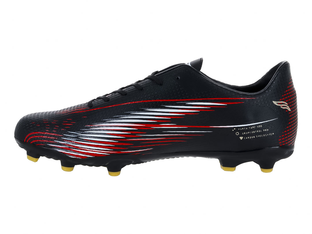 Zapato de fútbol marca Furia color negro con detalles gráficos en rojo y blanco y tacos dorados.