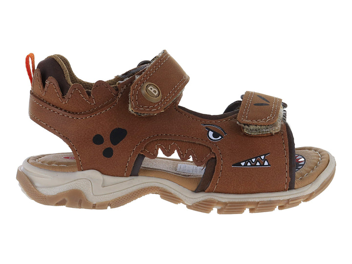 Sandalia infantil color camel con diseño de monstruo y cierres de velcro.