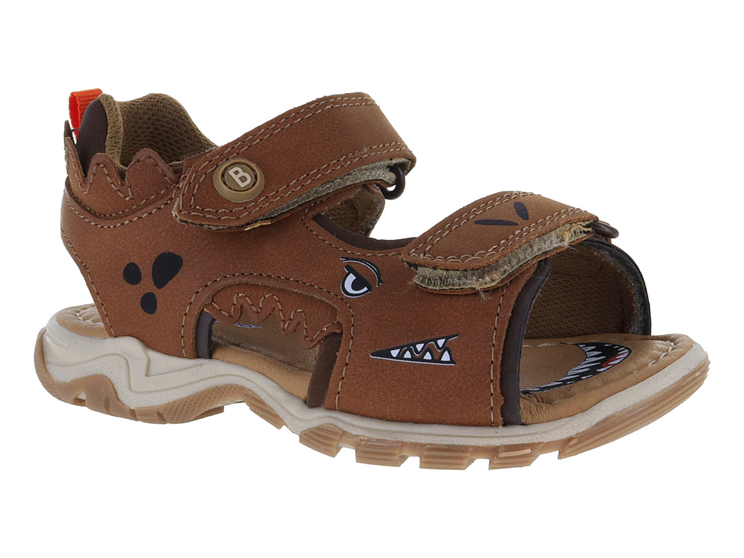 Sandalia infantil color camel con diseño de monstruo y cierres de velcro.