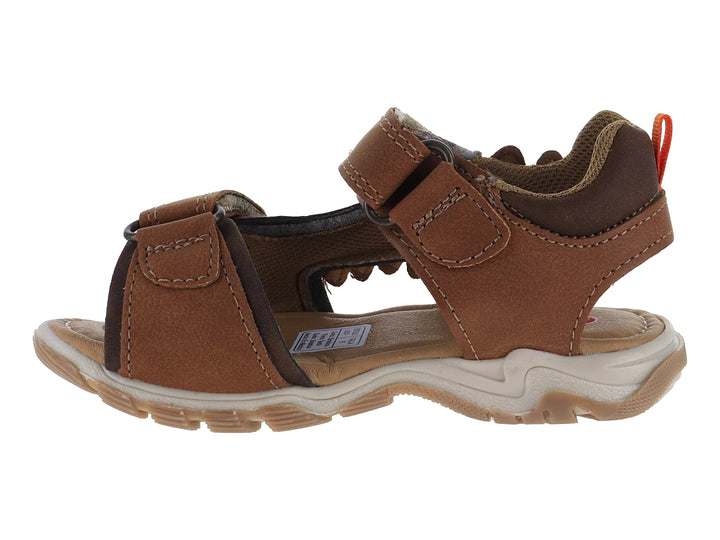 Sandalia infantil color camel con diseño de monstruo y cierres de velcro.