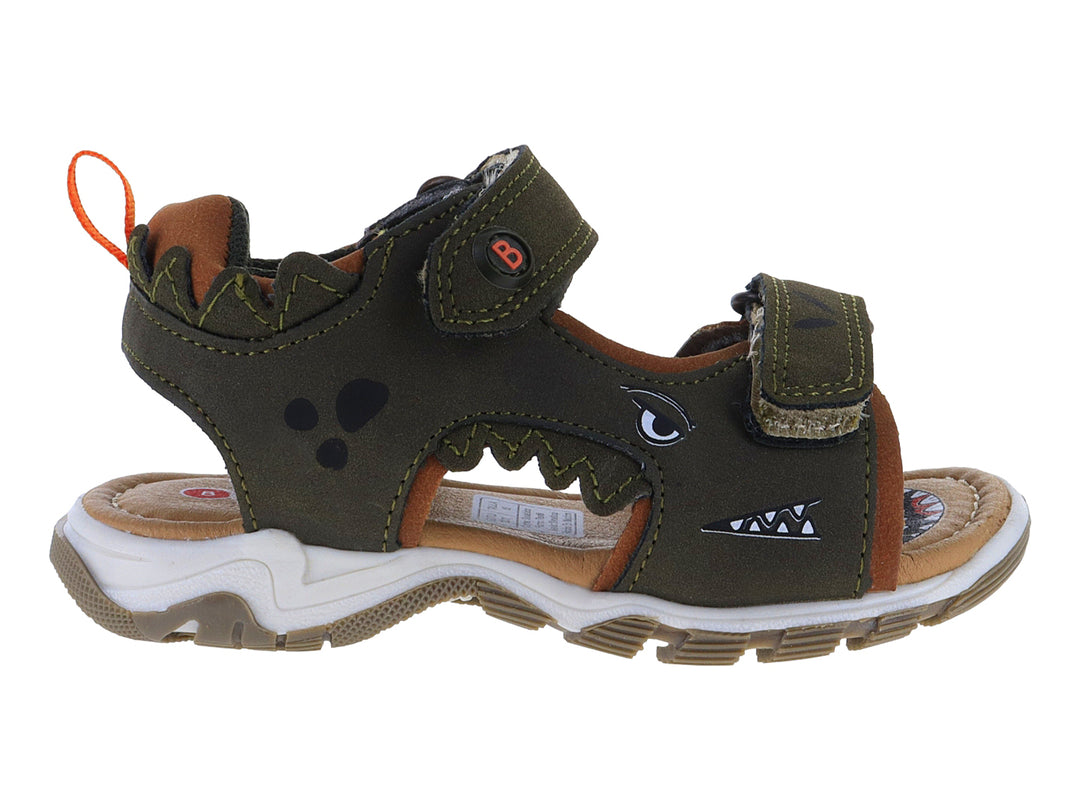 Sandalia infantil color verde militar con detalles de monstruo y suela blanca.