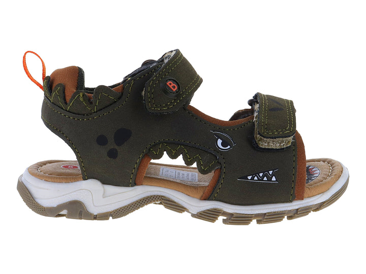 Sandalia infantil color verde militar con detalles de monstruo y suela blanca.