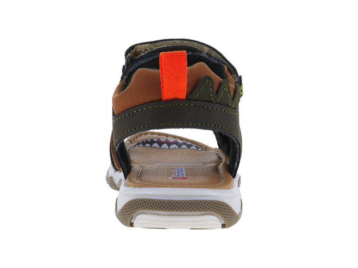 Sandalia infantil color verde militar con detalles de monstruo y suela blanca.