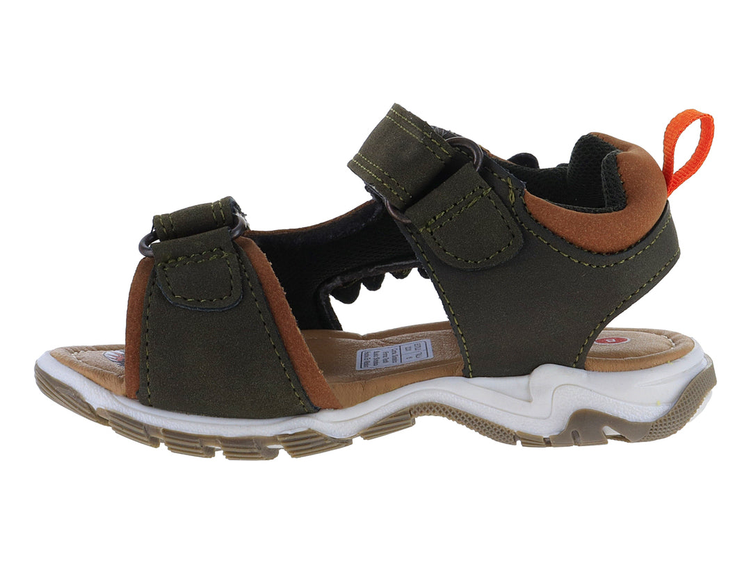 Sandalia infantil color verde militar con detalles de monstruo y suela blanca.