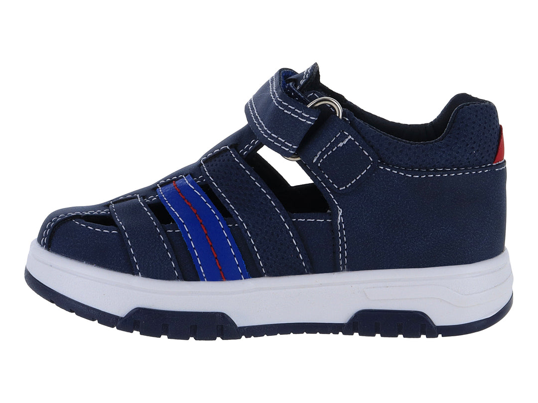 Sandalia infantil color marino con suela blanca y estampado de astronauta en el lateral.