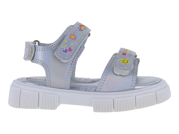 Sandalia infantil color plata con plataforma blanca y detalles decorativos de arcoíris y caritas felices.