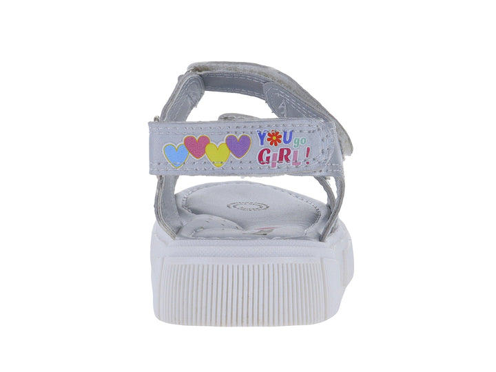 Sandalia infantil color plata con plataforma blanca y detalles decorativos de arcoíris y caritas felices.