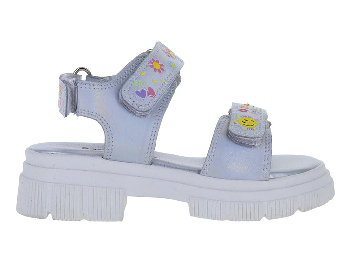 Sandalia infantil color plata con suela blanca de plataforma y detalles decorativos coloridos.