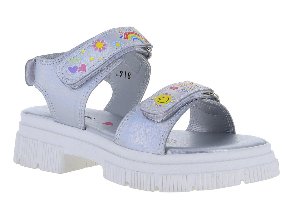 Sandalia infantil color plata con suela blanca de plataforma y detalles decorativos coloridos.