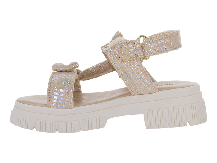 Sandalia color oro rosa con brillos, adornos de moños y suela blanca de plataforma para niña.
