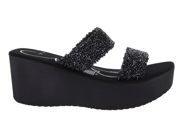 Sandalia de plataforma color negro con dos tiras decoradas con brillo.