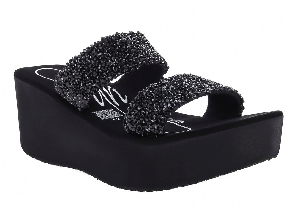 Sandalia de plataforma color negro con dos tiras decoradas con brillo.