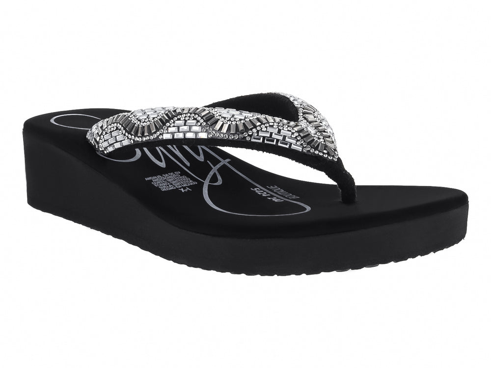 Sandalias negras de plataforma con tira decorada con pedrería plateada brillante.