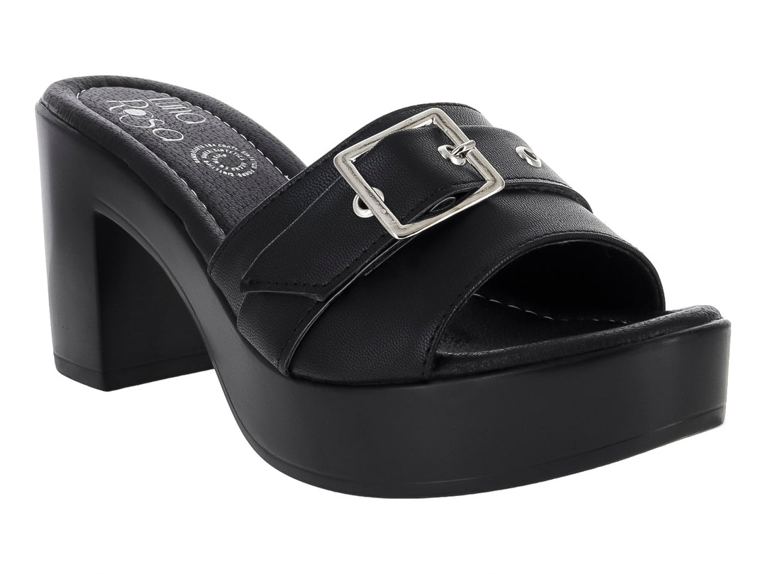 Sandalia negra de plataforma con tacón grueso y correa frontal con hebilla plateada para mujer.