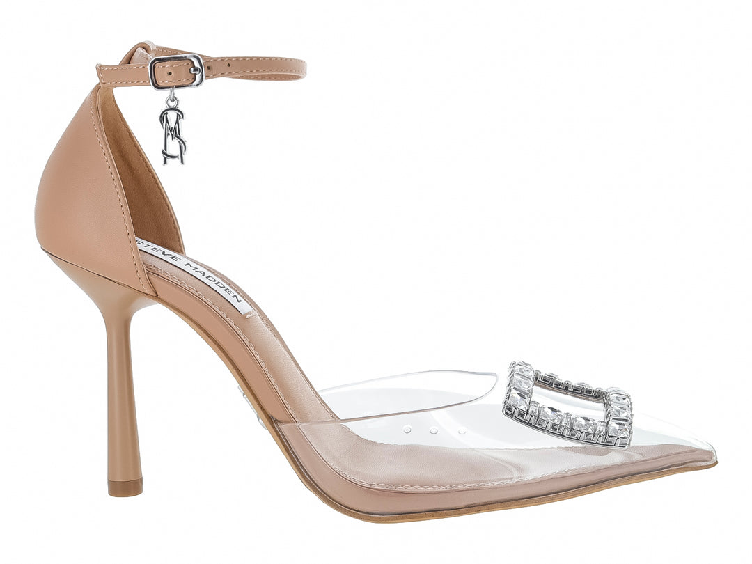 Zapato de tacón Steve Madden color nude con punta transparente y hebilla brillante adornada con cristales.