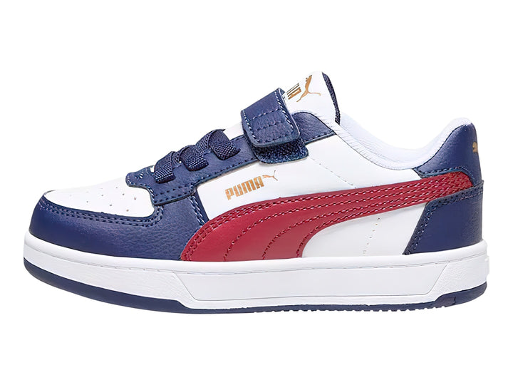 Tenis PUMA Caven 2.0 AC+PS para niño en colores blanco, azul marino y rojo con cierre de velcro.