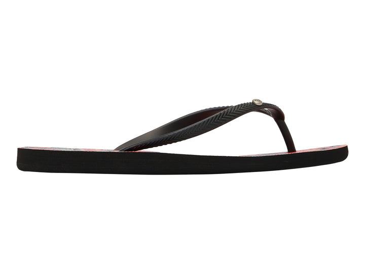 Sandalias negras tipo flip-flop con suela plana y detalles decorativos en rojo.