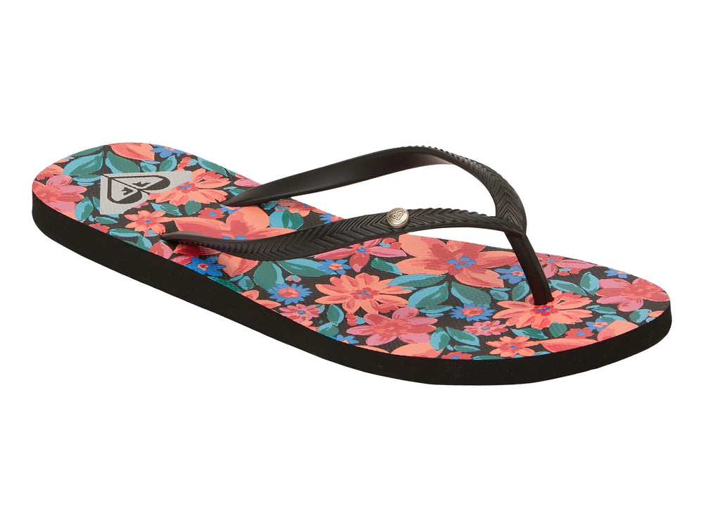 Sandalias negras tipo flip-flop con suela plana y detalles decorativos en rojo.
