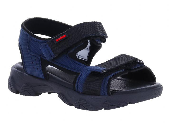 Sandalia infantil color azul marino con cierres de velcro y suela robusta.