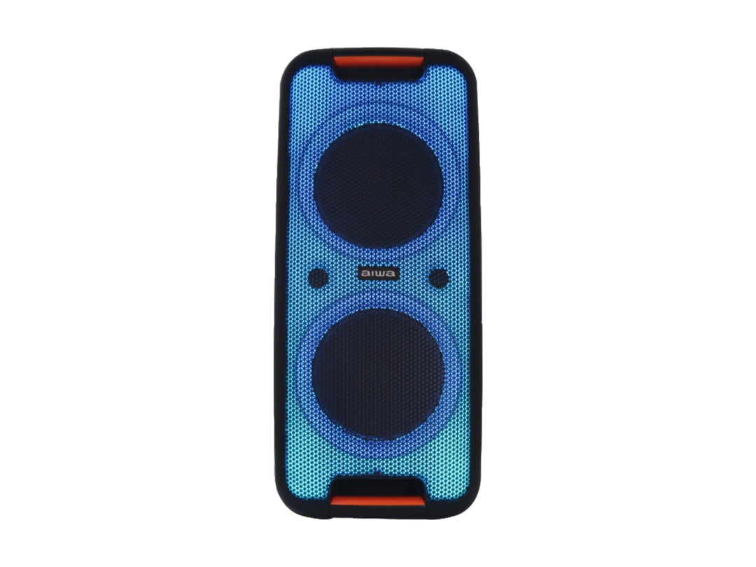 Bocina AIWA negra con iluminación LED azul frontal y detalles en naranja, diseño rectangular con doble altavoz.