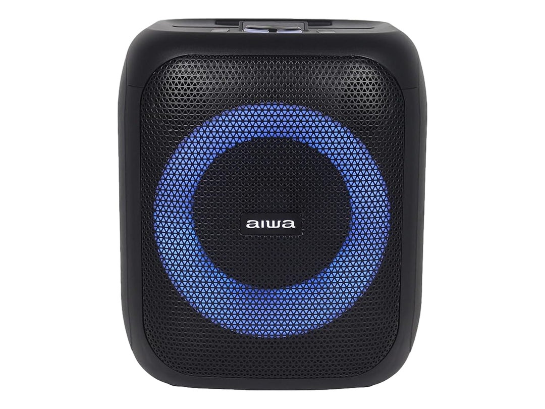 Bocina portátil AIWA color negro con un aro de luz LED azul central y rejilla frontal.
