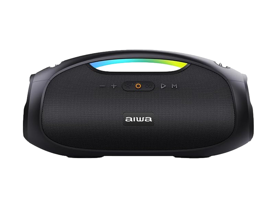 Bocina portátil AIWA color negro con rejilla frontal y asa superior iluminada con luces LED multicolores.