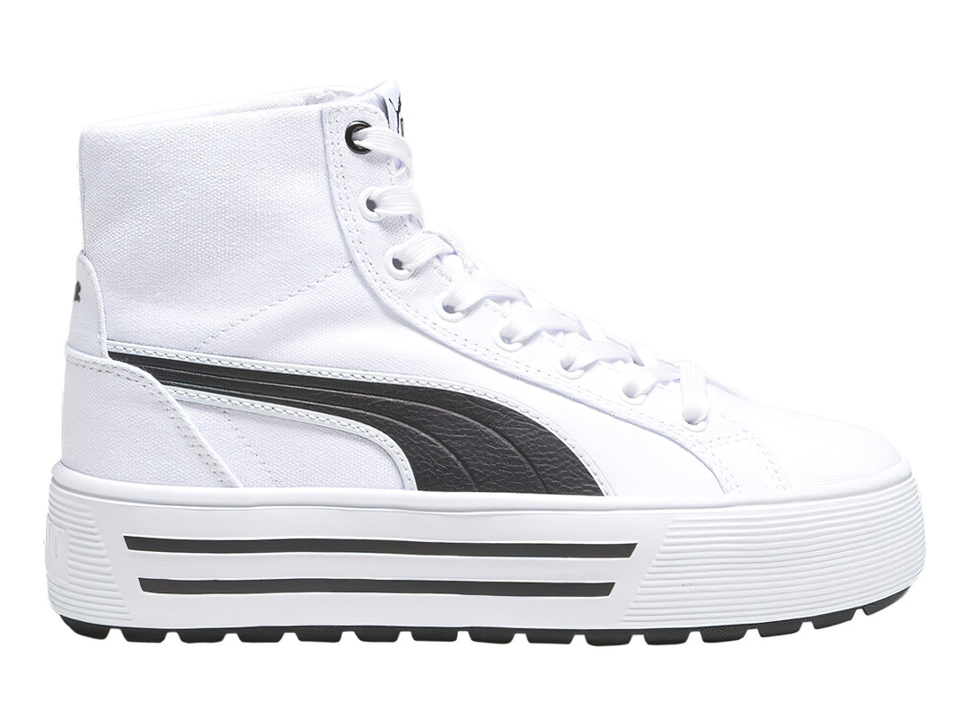 Tenis PUMA Kaia 2.0 Mid en color blanco con franja lateral negra y suela de plataforma blanca.